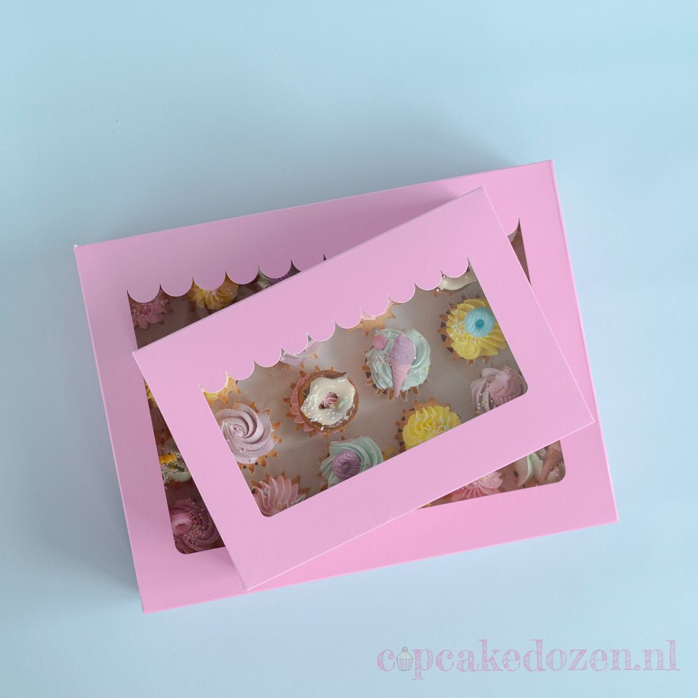 Roze doos voor 24 minicupcakes - luifel (10 st) - Cupcakedozen.nl