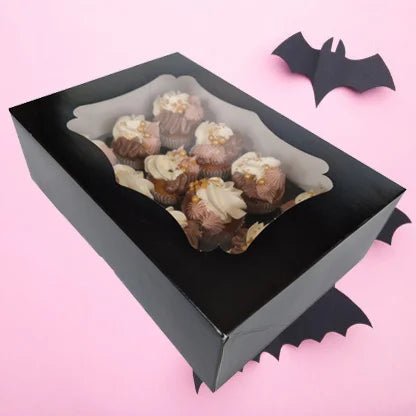 Sierlijke zwarte doos voor 12 minicupcakes (25 st.) - Cupcakedozen.nl