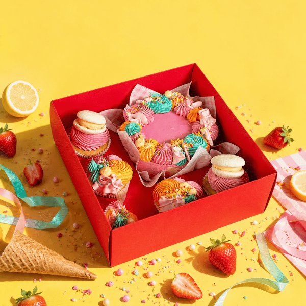 Rode bento combibox + 5 cupcakes (10 st) - Cupcakedozen.nl