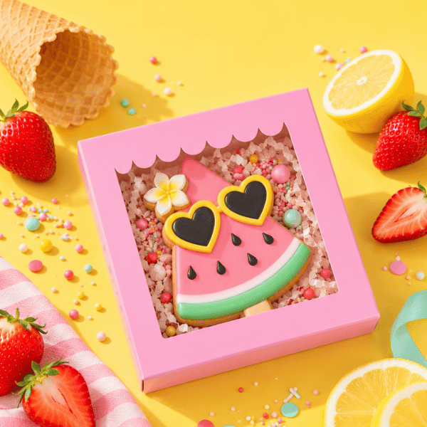 Roze koekdoosje met winkelluifelvenster