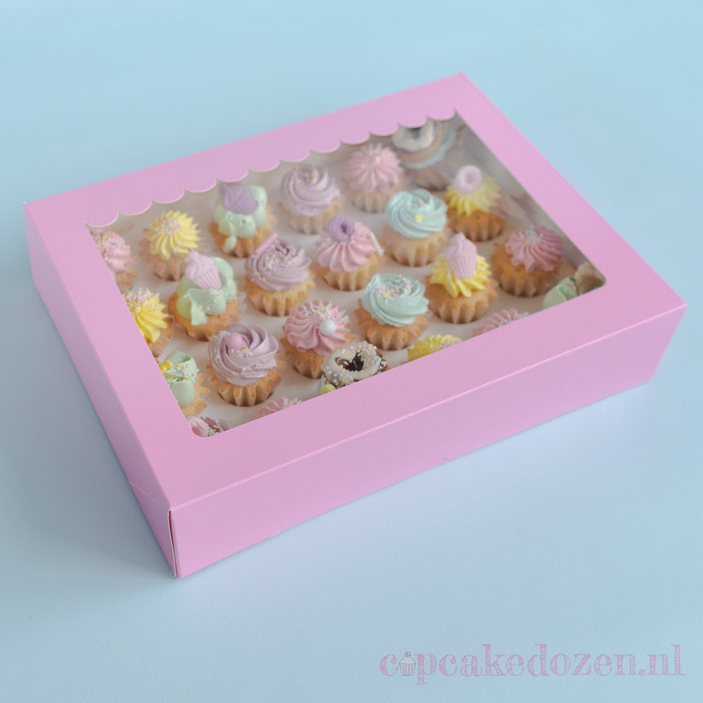 Roze doos voor 24 minicupcakes - luifel (10 st) - Cupcakedozen.nl