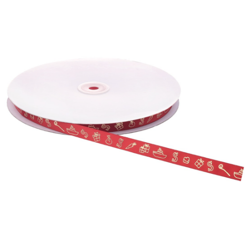 Rol rood Sinterklaaslint van 12 mm op een witte klos, met een afgewikkeld stuk lint ervoor