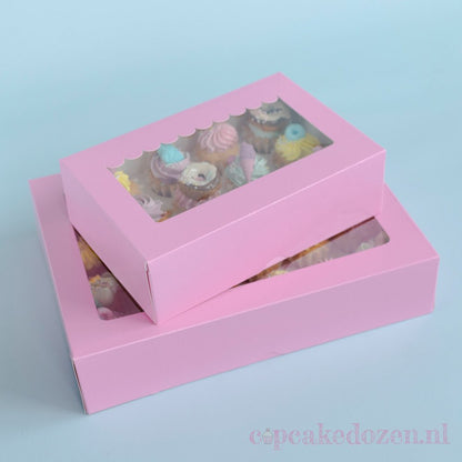 Roze doos voor 24 minicupcakes - luifel (10 st) - Cupcakedozen.nl