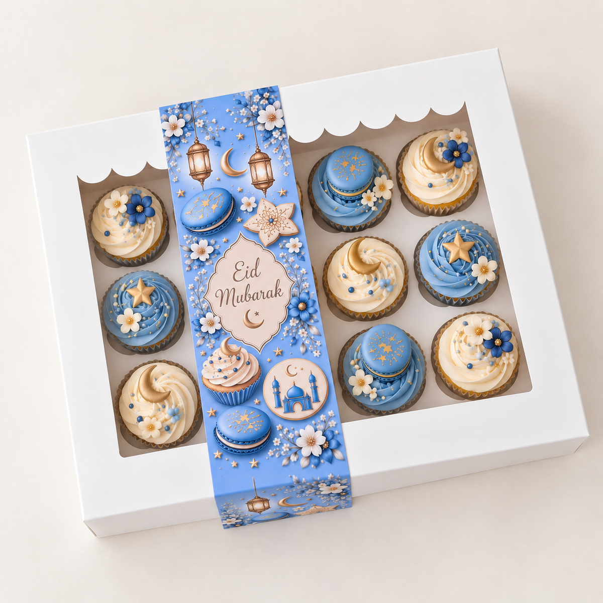 Eid Mubarak sleeve om de witte cupcakedoos, schuin van boven