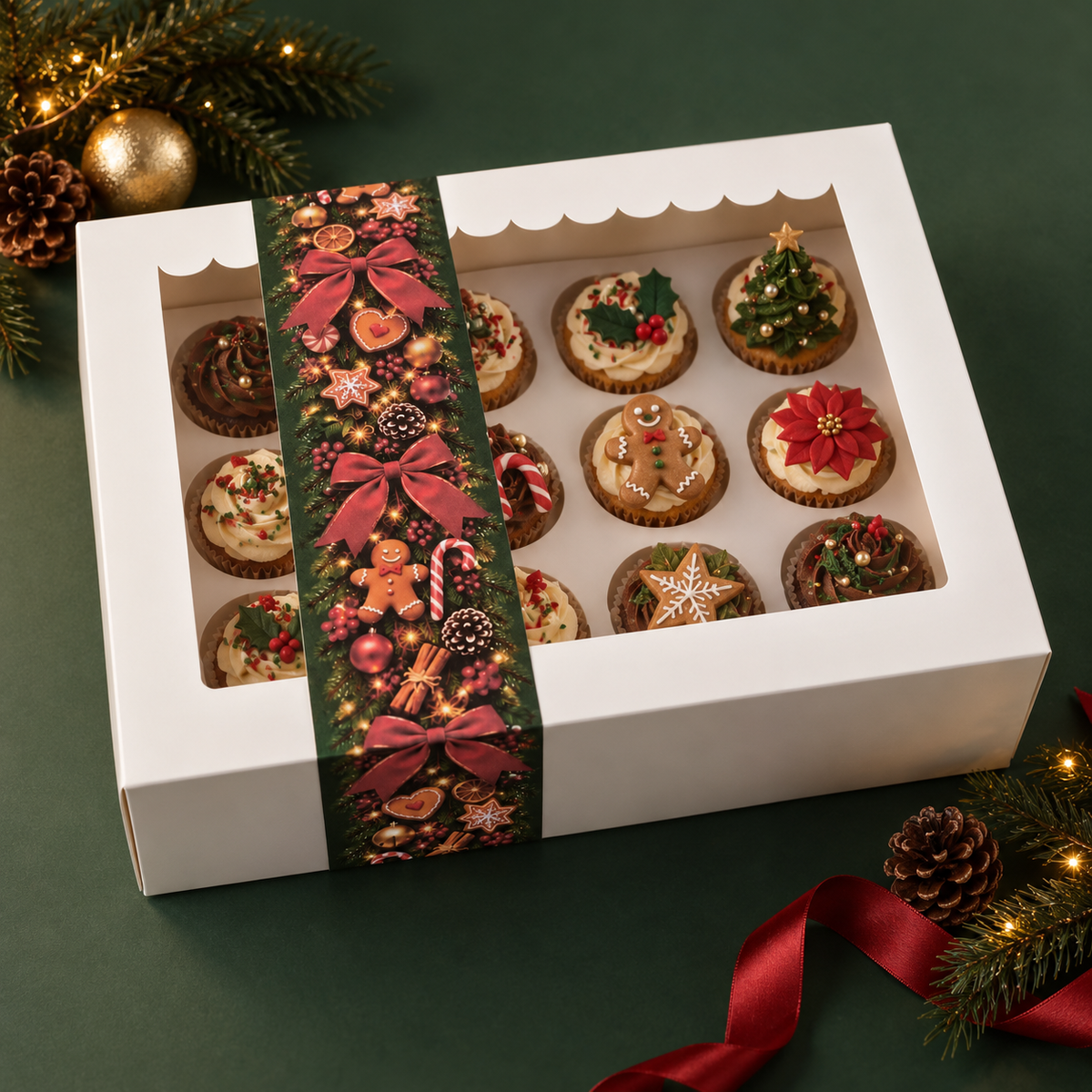 Weihnachtsbanderole für Cupcakebox für 12 Cupcakes (10 Stück)