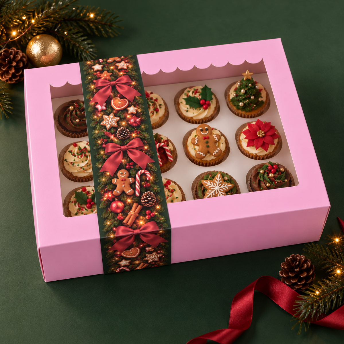 Weihnachtsbanderole für Cupcakebox für 12 Cupcakes (10 Stück)