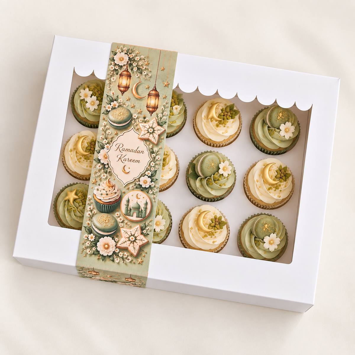 Ramadan Kareem sleeve om de witte cupcakedoos, van opzij
