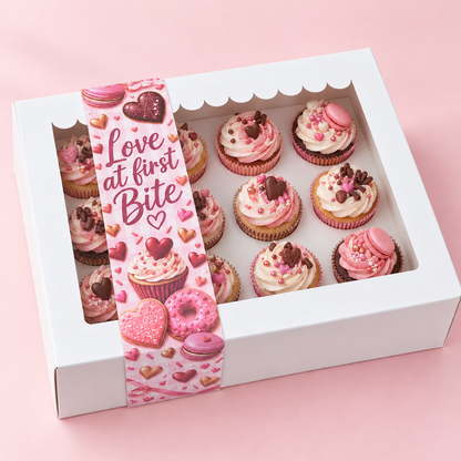 Witte cupcakedoos met Valentijn sleeve op een roze achtergrond