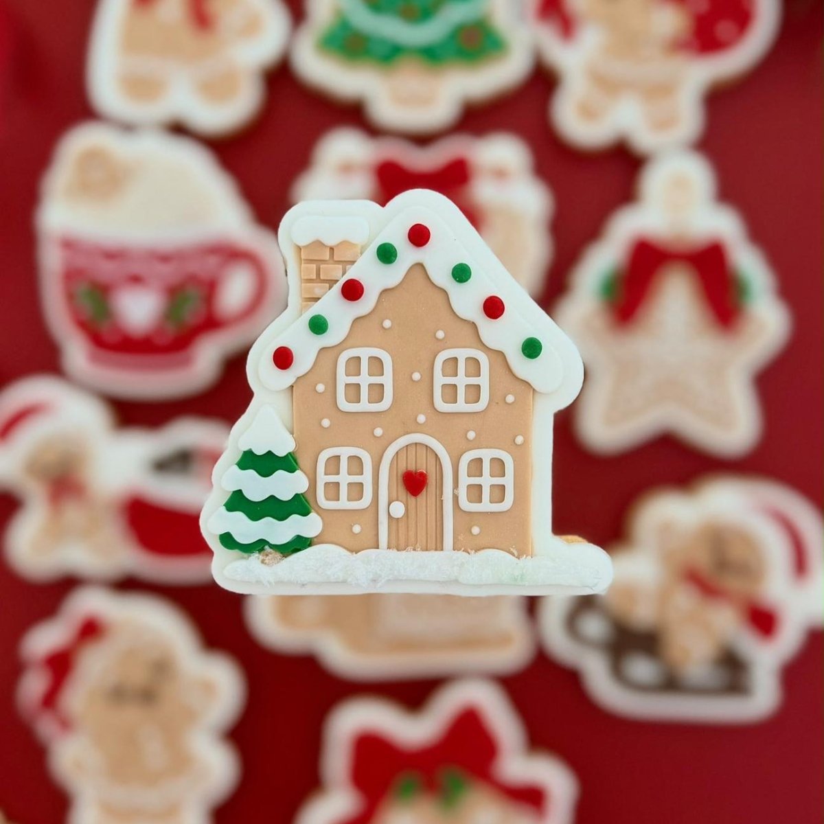 Peperkoekhuisje koekje met besneeuwd dak en een deur met hartje