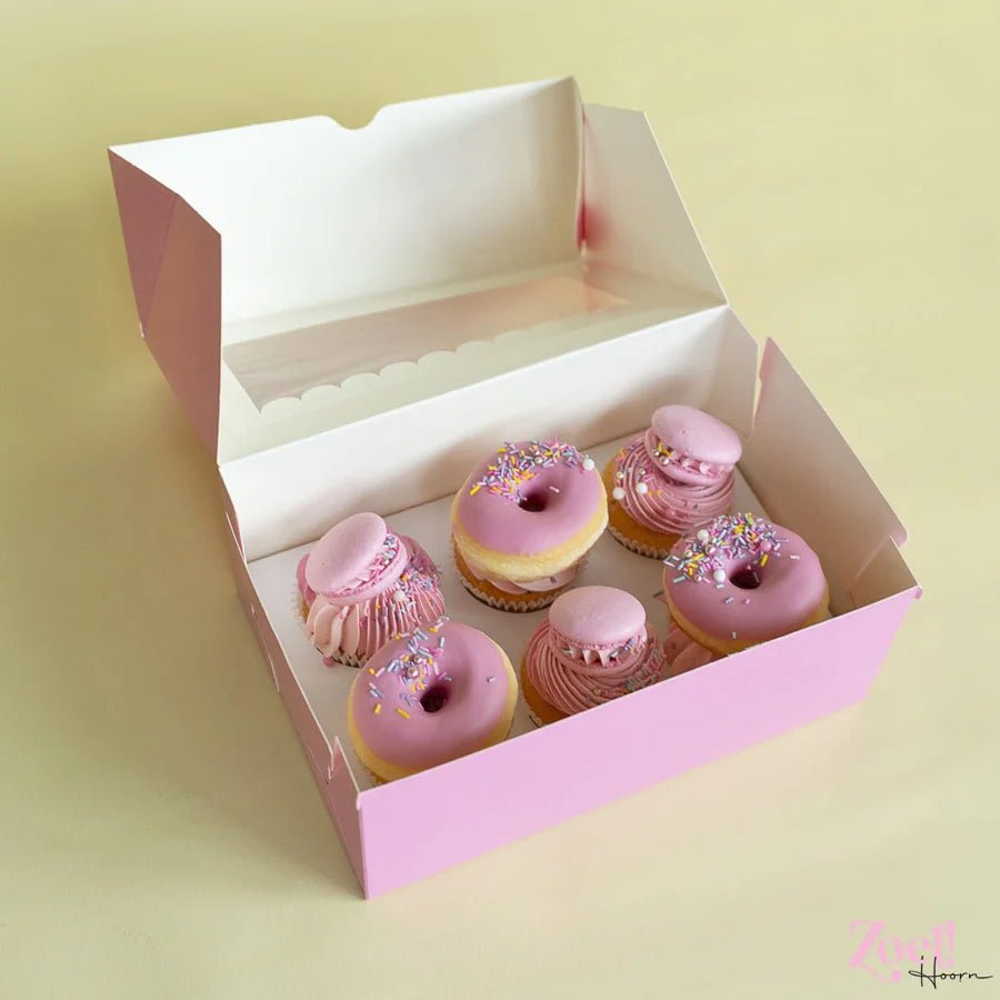 Roze doos voor 6 cupcakes - luifel (10 st) - Cupcakedozen.nl
