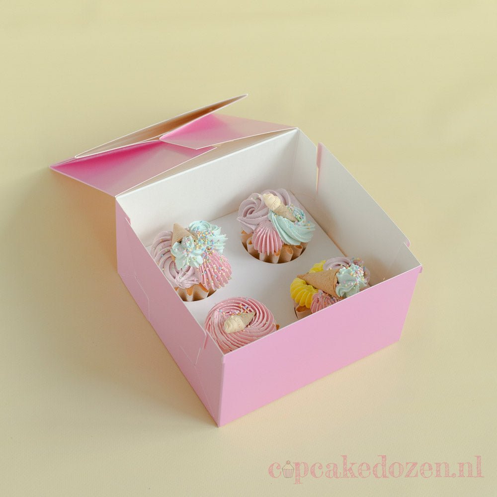 Roze doos voor 4 cupcakes - luifel (10 st) - Cupcakedozen.nl
