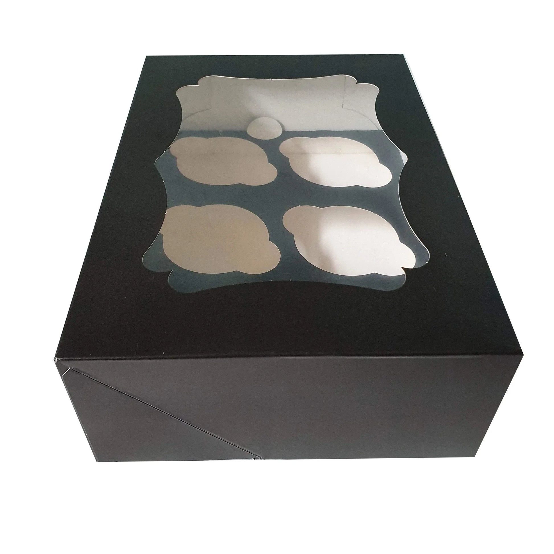 Sierlijke zwarte doos voor 6 cupcakes (25 st.) - Cupcakedozen.nl