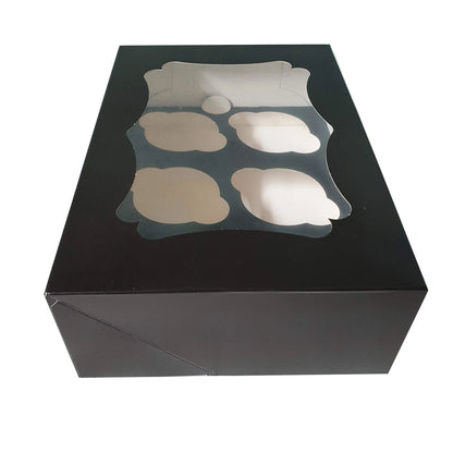 Sierlijke zwarte doos voor 6 cupcakes (25 st.) - Cupcakedozen.nl