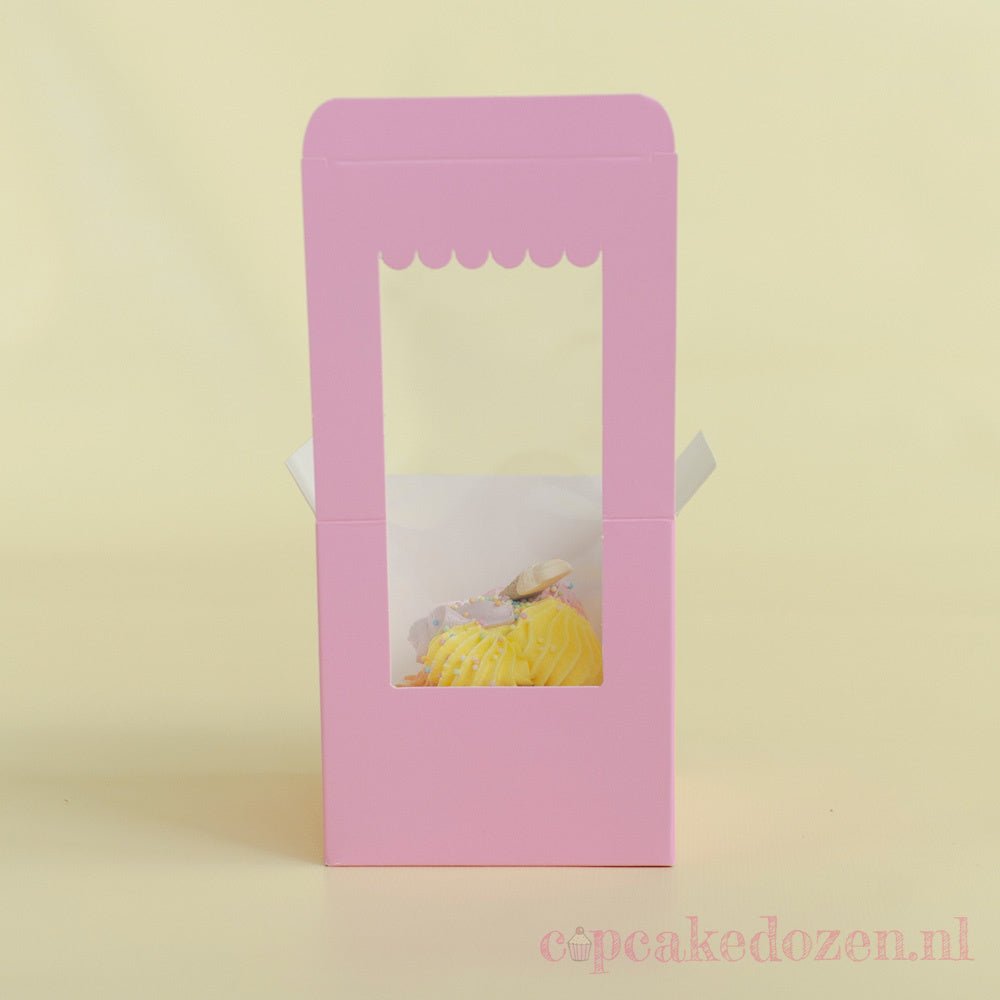 Roze doos voor 1 cupcake - luifel (10 st) - Cupcakedozen.nl
