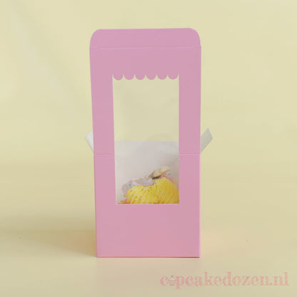 Roze doos voor 1 cupcake - luifel (10 st) - Cupcakedozen.nl