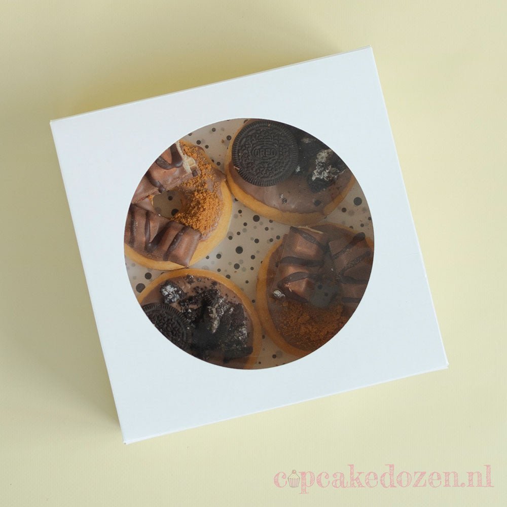 Witte taartdoos rond venster - 21x21x8 (25 st) - Cupcakedozen.nl