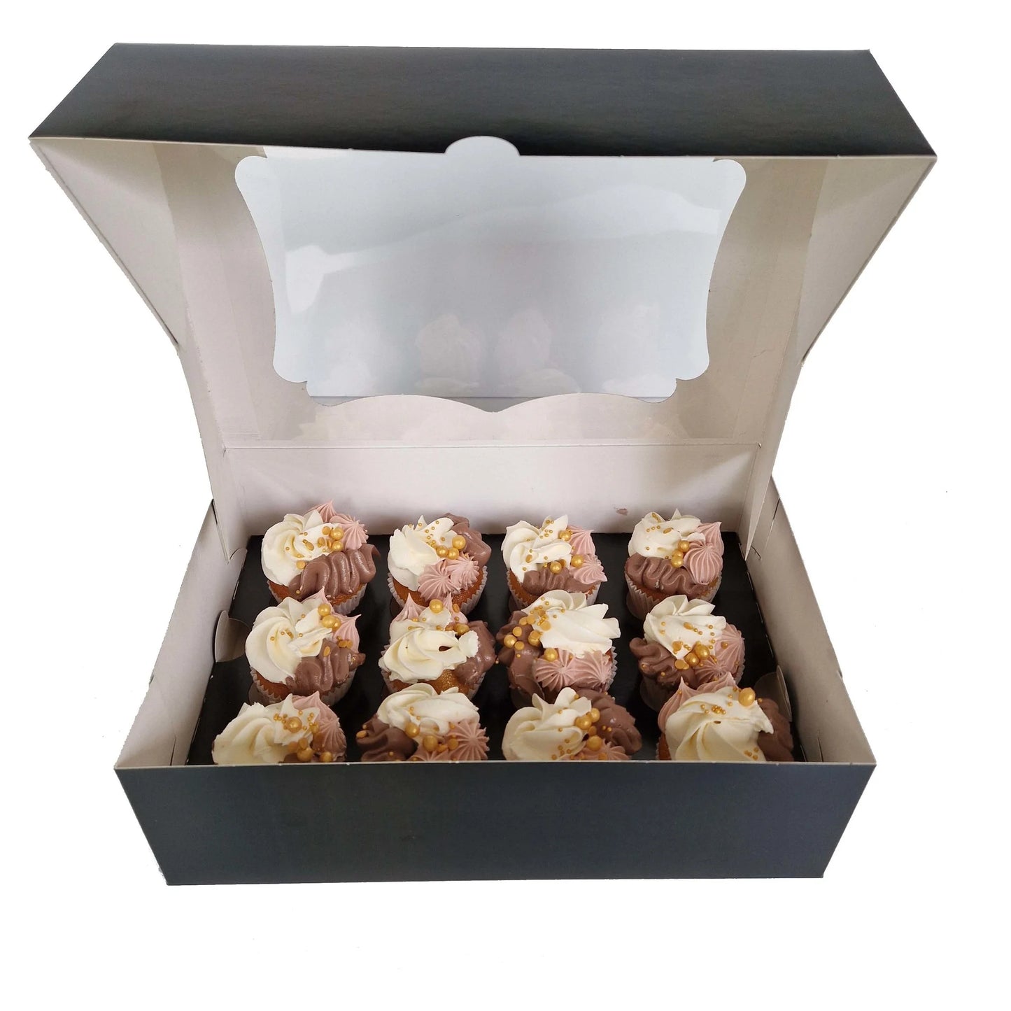 Sierlijke zwarte doos voor 12 minicupcakes (25 st.) - Cupcakedozen.nl