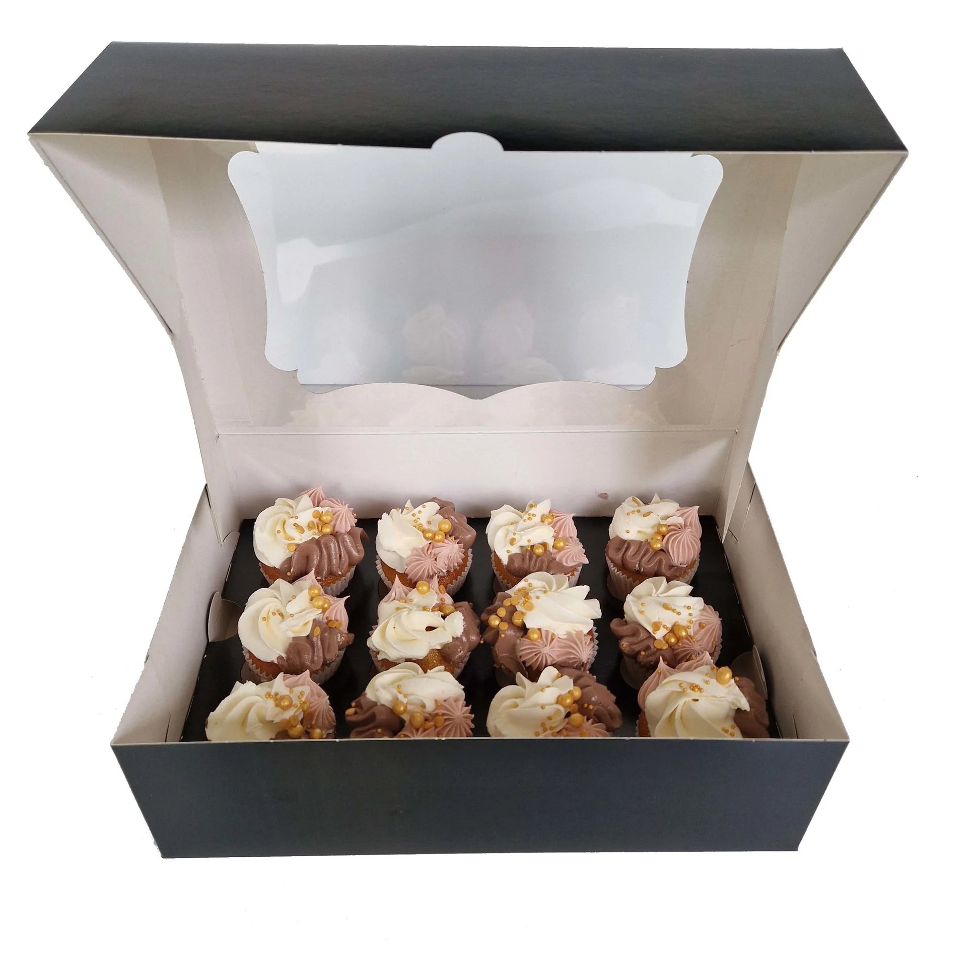 Sierlijke zwarte doos voor 12 minicupcakes (25 st.) - Cupcakedozen.nl