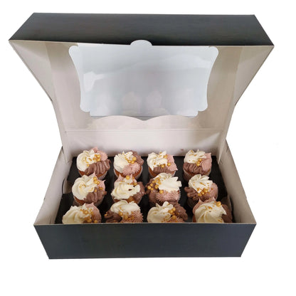 Sierlijke zwarte doos voor 12 minicupcakes (25 st.) - Cupcakedozen.nl