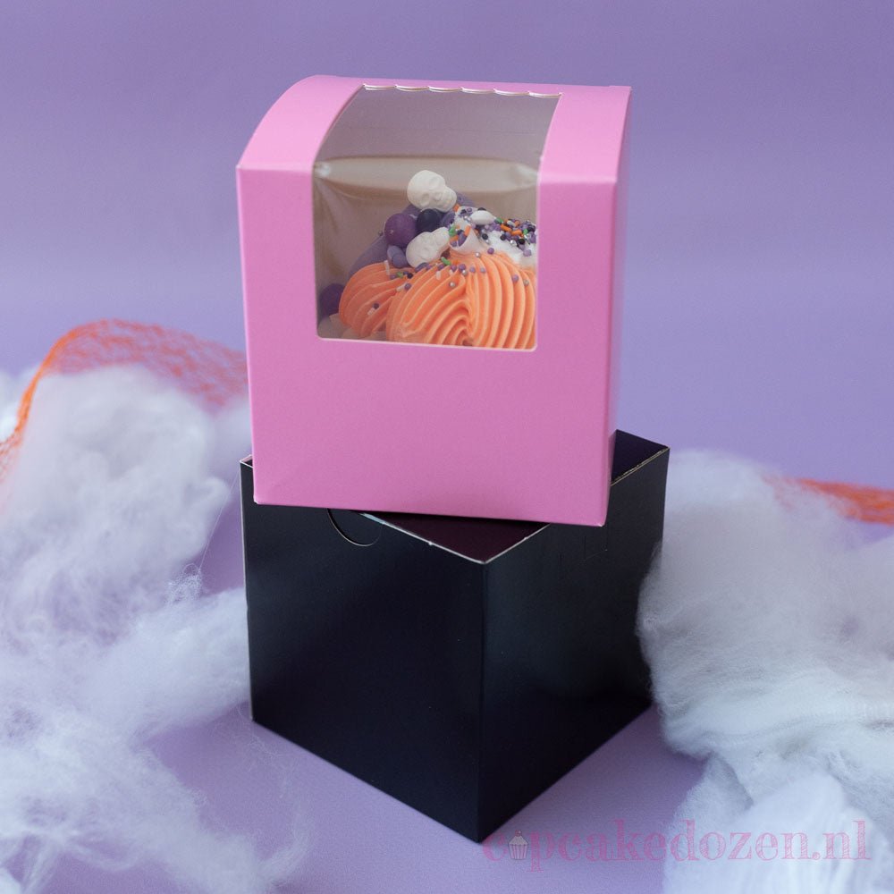 Roze doos voor 1 cupcake - luifel (10 st) - Cupcakedozen.nl