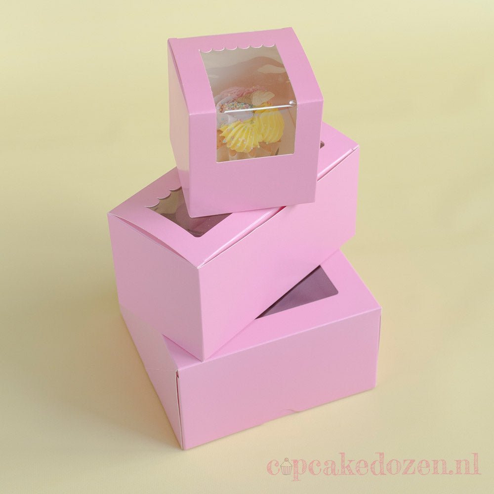 Roze doos voor 4 cupcakes - luifel (10 st) - Cupcakedozen.nl