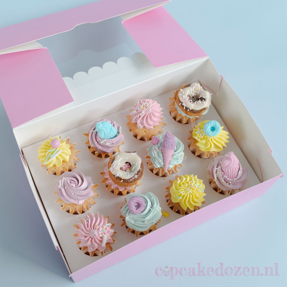 Roze doos voor 12 minicupcakes - luifel (10 st) - Cupcakedozen.nl