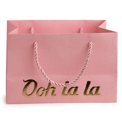 Vooraanzicht van de lege roze papieren tas met gedraaid roze koord en gouden letters