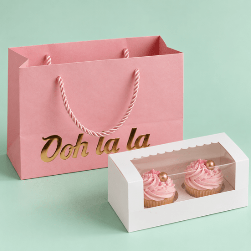 Ooh la la tas met een wit doosje voor 2 cupcakes ervoor, op mintgroene achtergrond