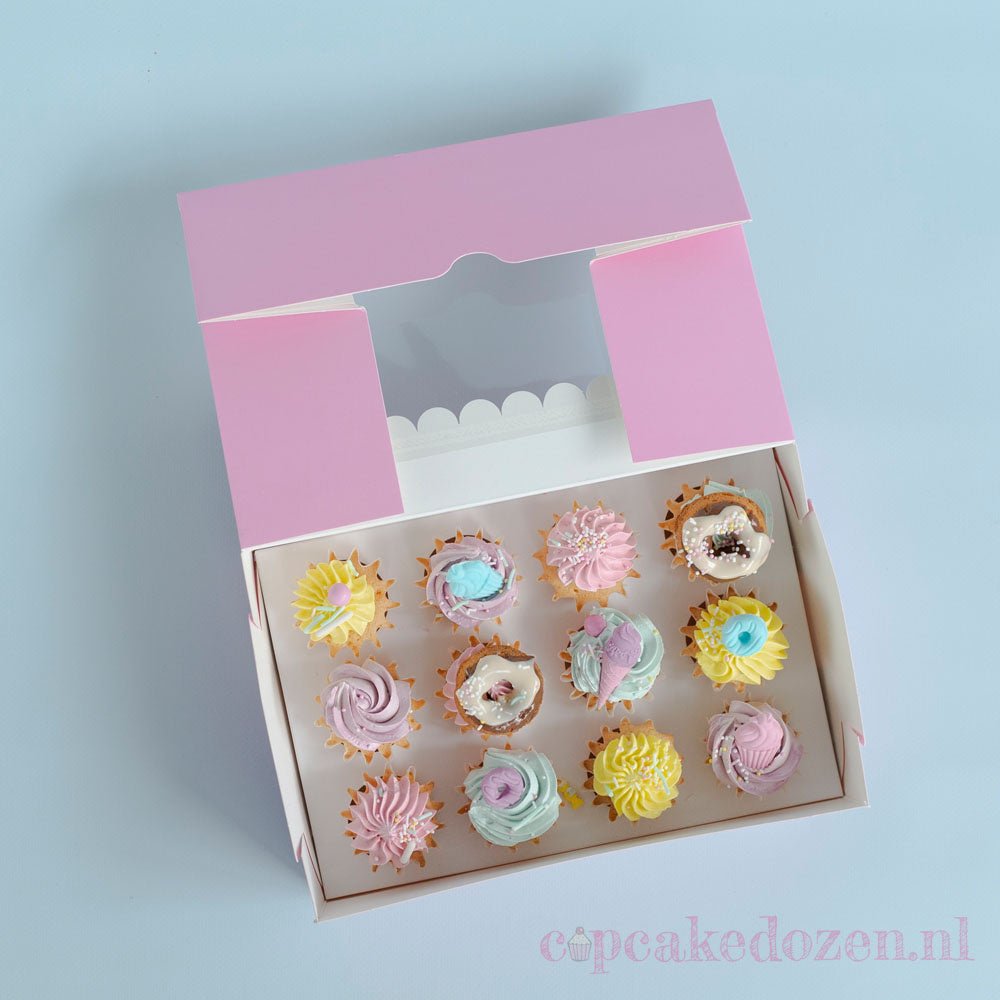 Roze doos voor 12 minicupcakes - luifel (10 st) - Cupcakedozen.nl