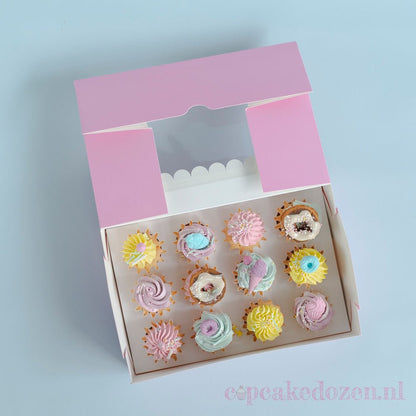 Roze doos voor 12 minicupcakes - luifel (10 st) - Cupcakedozen.nl