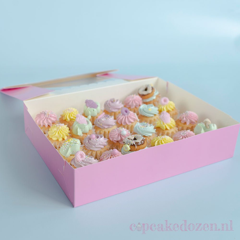 Roze doos voor 24 minicupcakes - luifel (10 st) - Cupcakedozen.nl