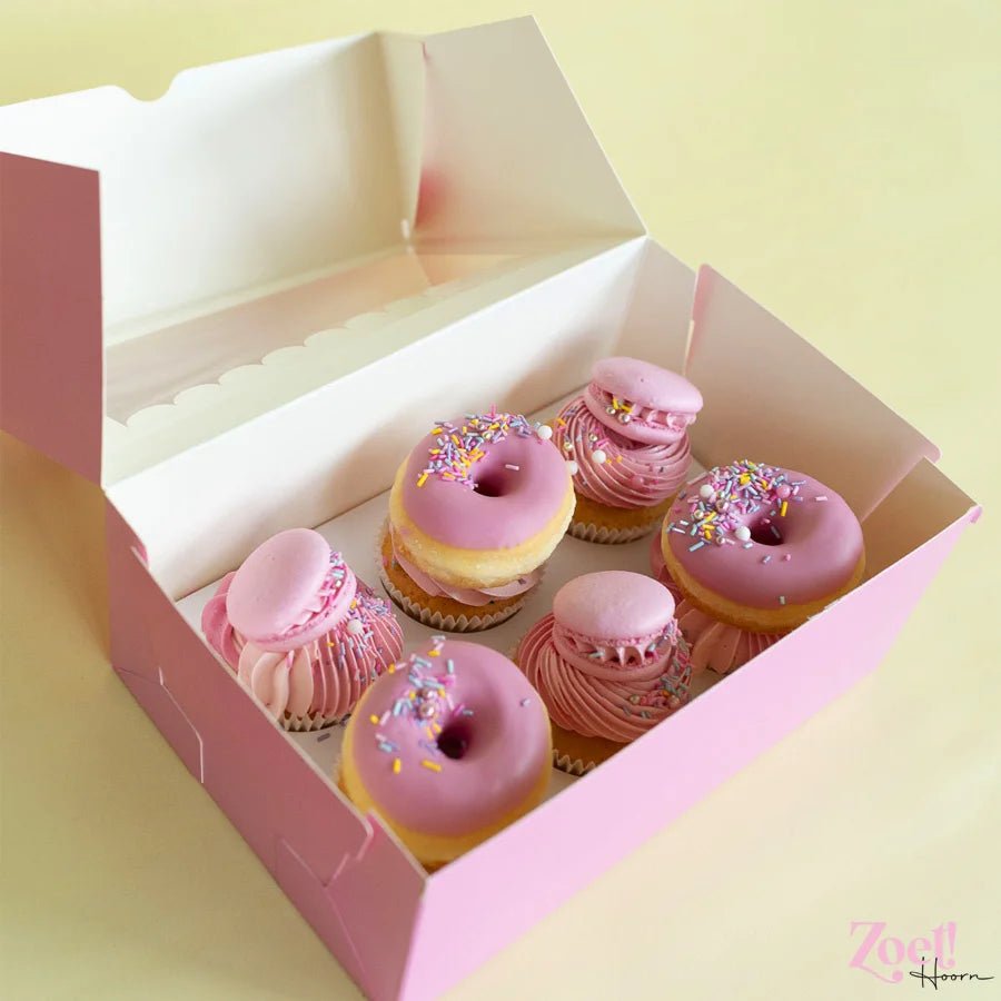 Roze doos voor 6 cupcakes - luifel (10 st) - Cupcakedozen.nl