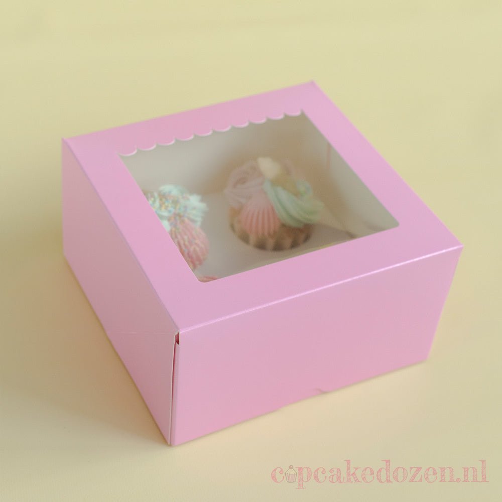 Roze doos voor 4 cupcakes - luifel (10 st) - Cupcakedozen.nl
