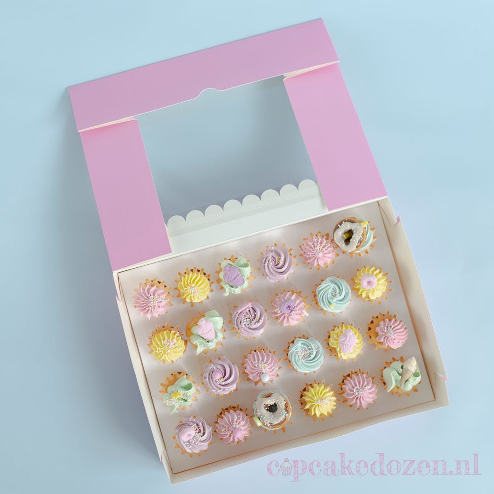 Roze doos voor 24 minicupcakes - luifel (10 st) - Cupcakedozen.nl