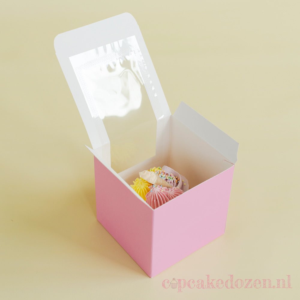 Roze doos voor 1 cupcake - luifel (10 st) - Cupcakedozen.nl
