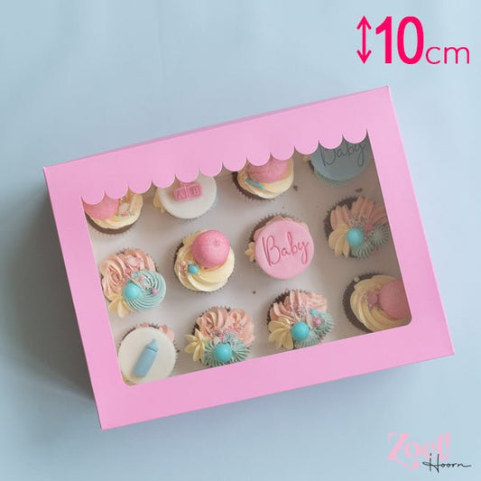 Roze doos voor 12 cupcakes - luifel (10 st) - Cupcakedozen.nl