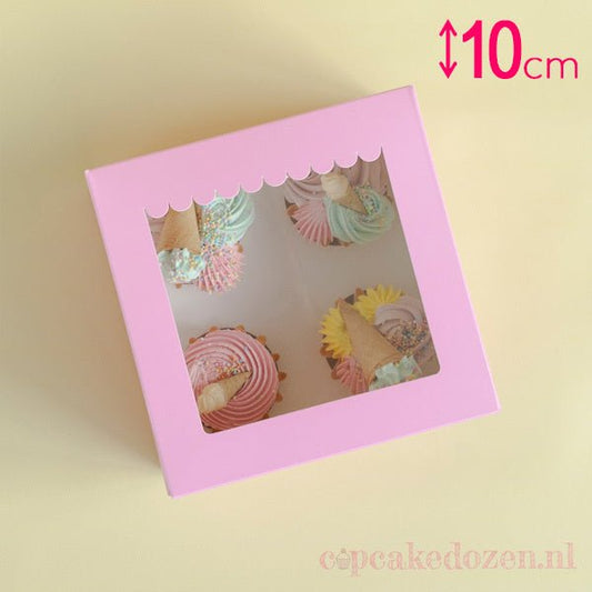Roze doos voor 4 cupcakes - luifel (10 st) - Cupcakedozen.nl