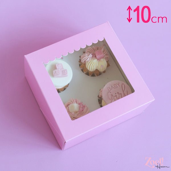 Roze doos voor 4 cupcakes - luifel (10 st) - Cupcakedozen.nl