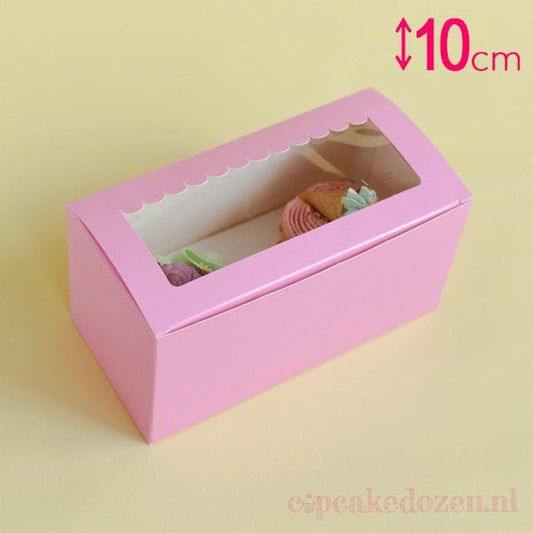 Roze doos voor 2 cupcakes - luifel (10 st) - Cupcakedozen.nl