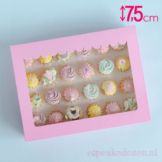 Roze doos voor 24 minicupcakes - luifel (10 st) - Cupcakedozen.nl