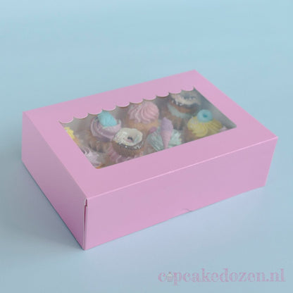 Roze doos voor 12 minicupcakes - luifel (10 st) - Cupcakedozen.nl
