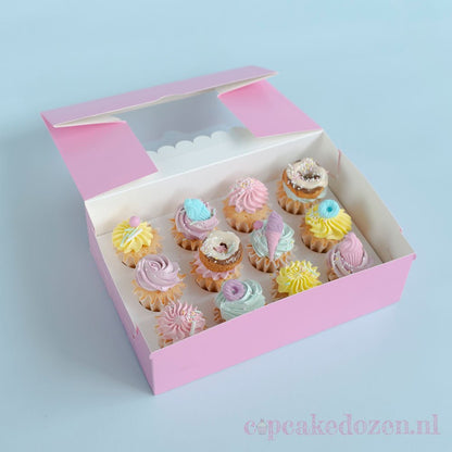 Roze doos voor 12 minicupcakes - luifel (10 st) - Cupcakedozen.nl