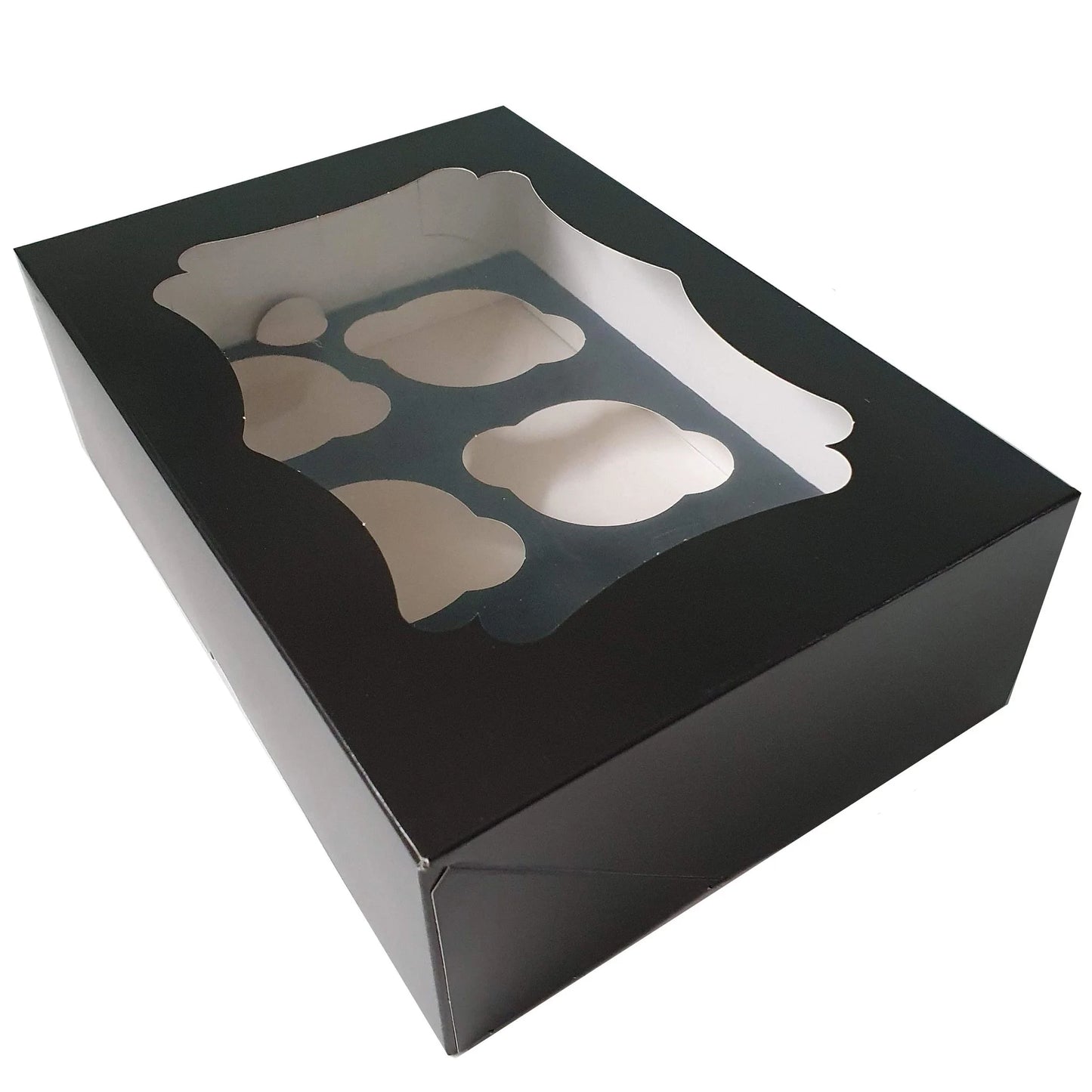 Sierlijke zwarte doos voor 6 cupcakes (25 st.) - Cupcakedozen.nl